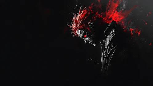 Red haired figure with glowing eyes emerges from darkness