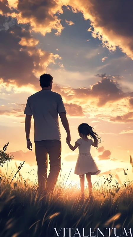 Father and daughter walking through sunset field together.