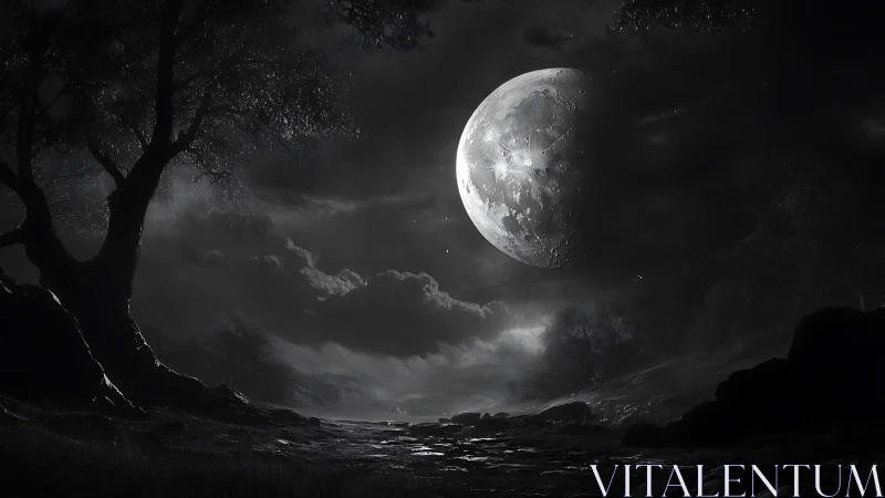 Moonlit rocky landscape under dramatic night sky scene.