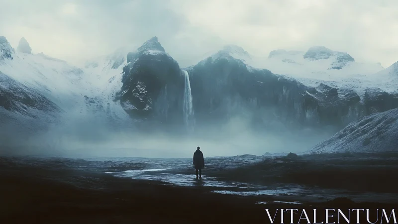Solitary figure before mist-covered glacial waterfall basin.