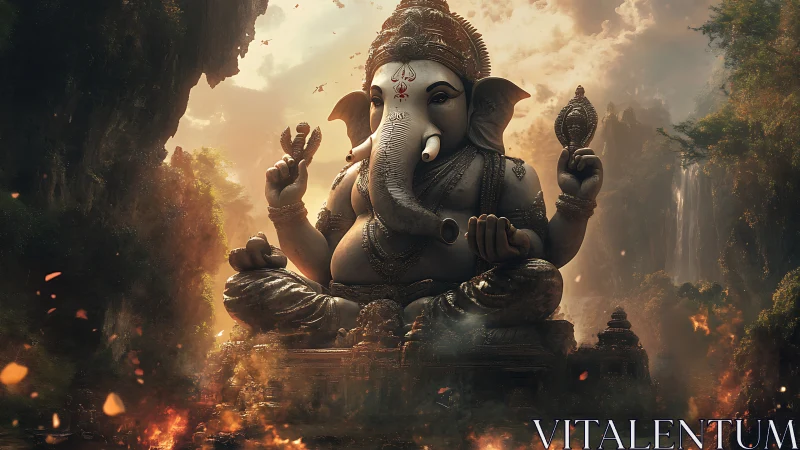 Majestic Ganesha statue in misty canyon temple landscape.