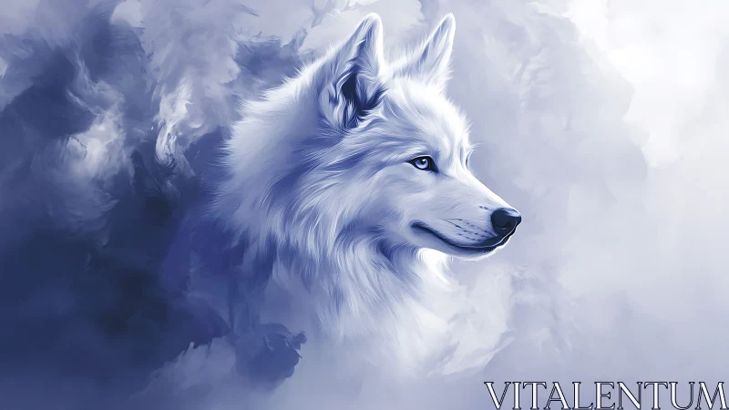 Gentle ice-blue spirit wolf emerging from misty clouds.