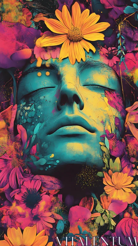 Fluorescent dreamer crowned in wild neon garden bloom.