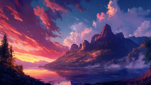 Sunlit mountain ridge over reflective twilight lake.