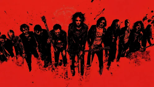 Rebellious rock band stands united in stark red chaos background