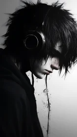 Headphones cradle a shadowed listener lost in grayscale sound