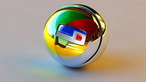 Shiny chrome sphere with colorful abstract design, 3D digital art.