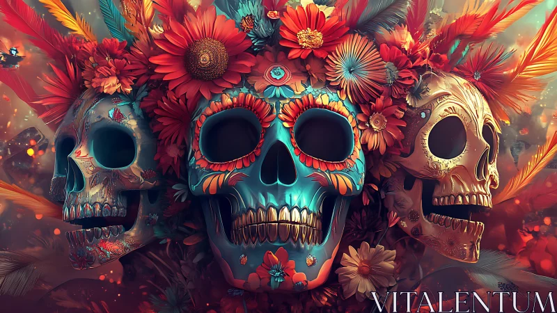 Vibrant sugar skull triptych integrates florals in ornate symmetry