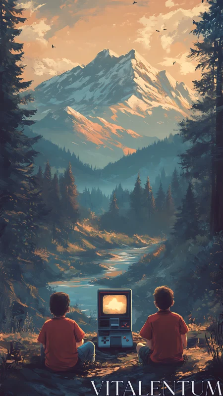 Retro daydream console under mountains of molten sunrise.