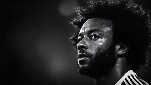 Moody black and white portrait of a focused footballer.