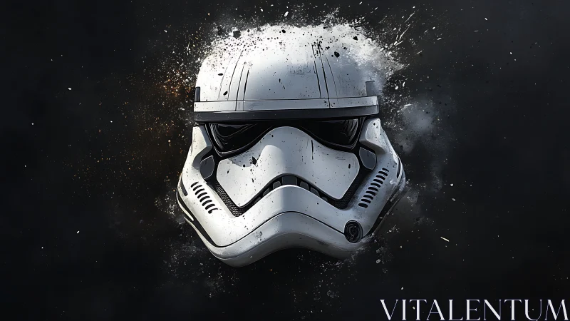 Shattered sci-fi helmet erupts from darkness in cosmic dust.