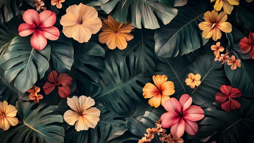 Floral arrangement with dark background and varied warm hues.