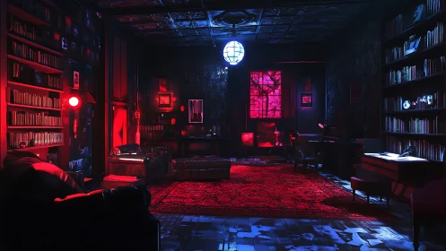 Moody red and blue library lounge with dramatic lighting.