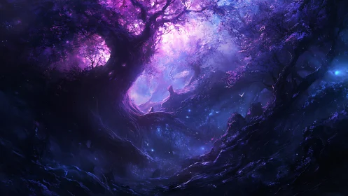 Enchanted violet forest glows around towering twisted tree