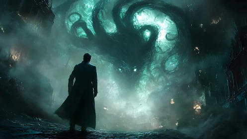 Lone figure confronts colossal eldritch vortex in ruined cityscape