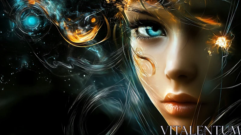 Cosmic-eyed cyber muse amid swirling nebula circuitry.