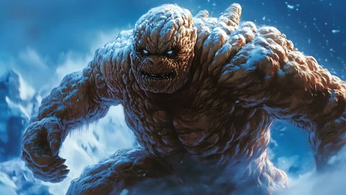 Frostbound stone giant charging through a stormy blizzard.