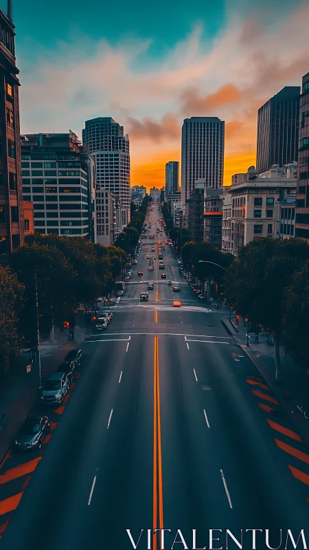 Sunset city street with tall buildings and glowing sky.