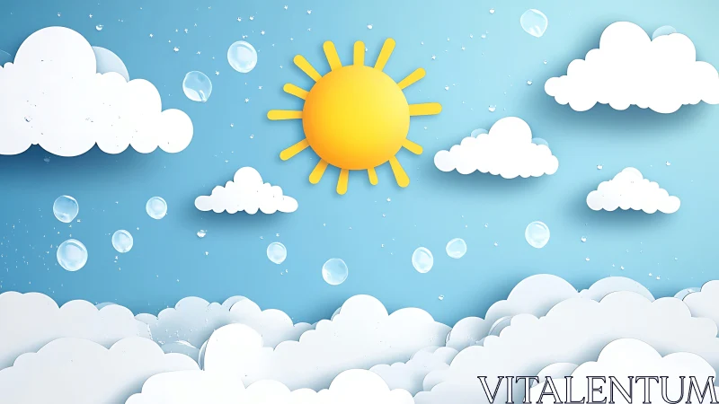 Sunny paper sky of clouds and bubbles drifting softly.