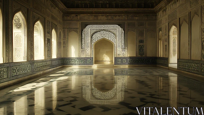 Sunlit Mughal hall with ornate arches and reflective marble floor.