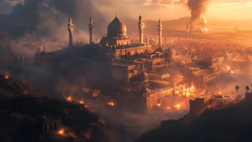 Sunset over besieged domed city in burning valley panorama.