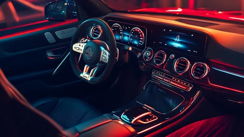 Mercedes cockpit interior with dual displays, ambient neon lighting