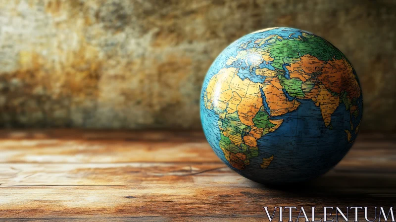 Worn wooden table cradles a sunlit globe of wanderlust.