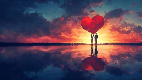 Couple holding red heart balloon at sunset over water.