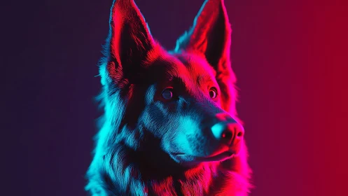 Neon-lit canine portrait in vivid magenta and cyan glow.