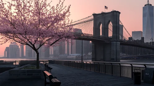 Blush-tinted dawn lets Brooklyn Bridge share spring secrets