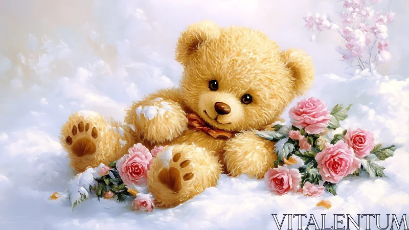 Fluffy teddy bear with pastel roses in soft snowscape.