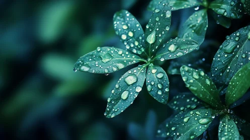 Glistening raindrops rest on emerald leaves in soft focus