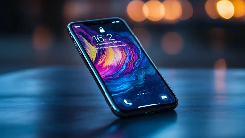 Modern smartphone displaying vibrant digital wallpaper.