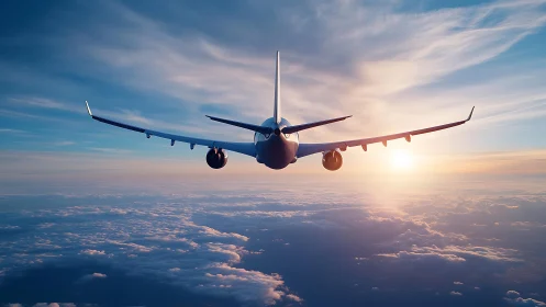 Commercial jetliner ascends above cloud layer at sunset