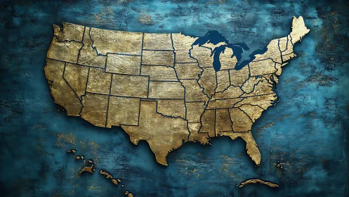 Textured metallic relief map of United States over oxidized teal.