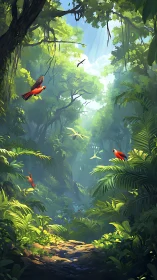 Tropical Rainforest Canopy with Macaws and Vegetation