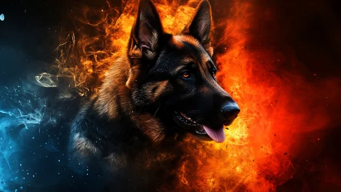 German shepherd portrait framed by fiery blue-orange nebula.