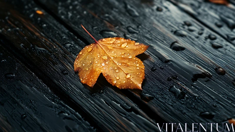 Single wet leaf rests on dark wooden planks after rainfall