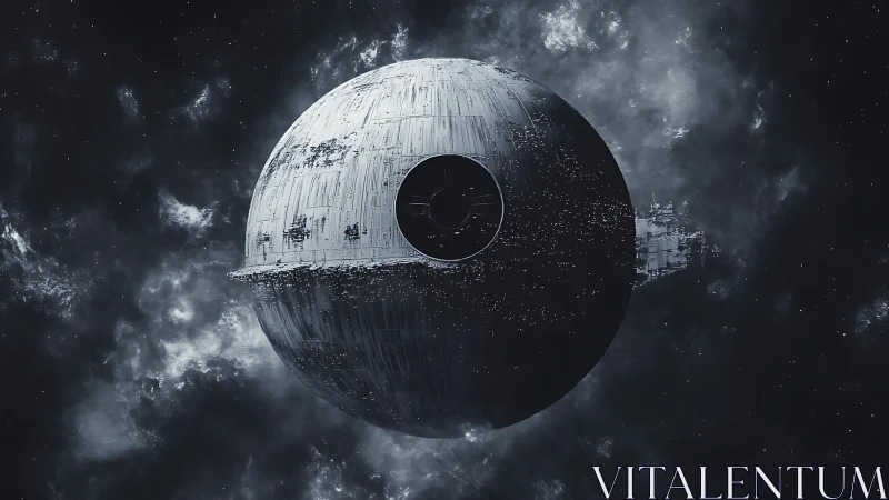 Massive spherical space station drifts through dark nebula field