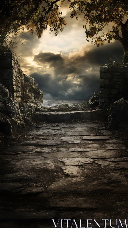 Stone pathway leading to rocky shoreline under clouds.