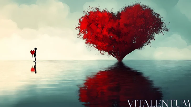 Figure with Heart-Shaped Tree in Surreal Seascape