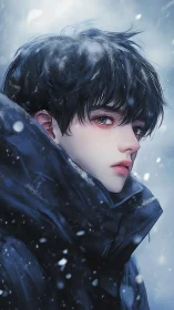 Soft winter gaze of a snowlit boy wrapped in quiet blue.
