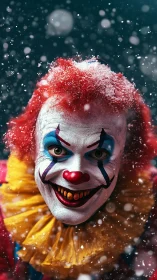 Snow-dusted sinister clown portrait with intense eye contact.