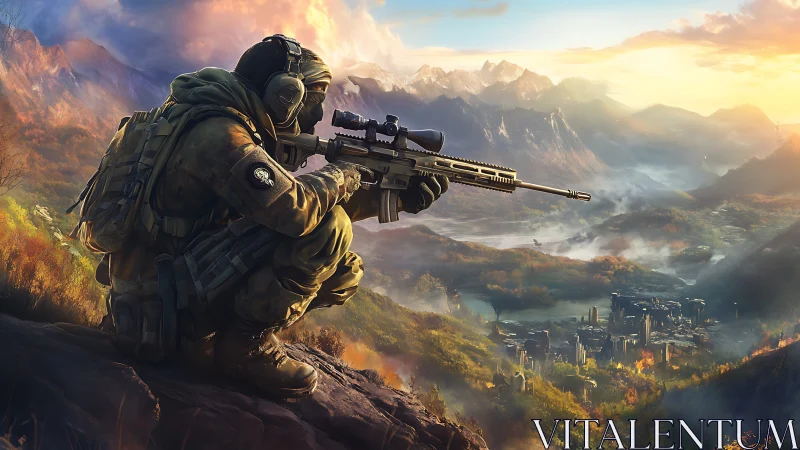 Tactical Sniper Overlooking Combat Zone at Sunrise.
