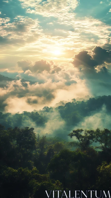 Sunrise mist drifting softly over lush green forest hills.