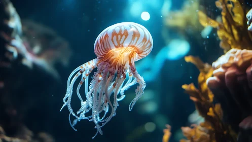 Bioluminescent jellyfish drifts through glowing coral reef.