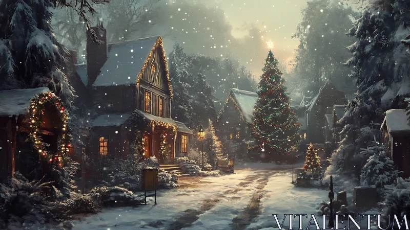 Snow covered village street illuminated by dense Christmas lighting