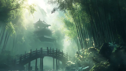 Misty bamboo temple valley with arched wooden bridge at dawn.