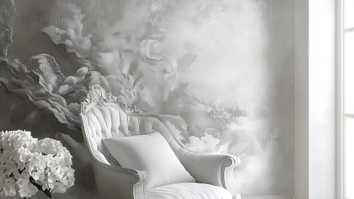 Monochrome rococo lounge with ethereal cloud mural wall treatment.
