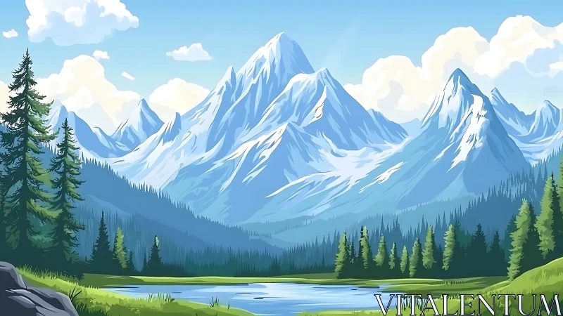 Verdant lake cradles bright peaks under storybook skies